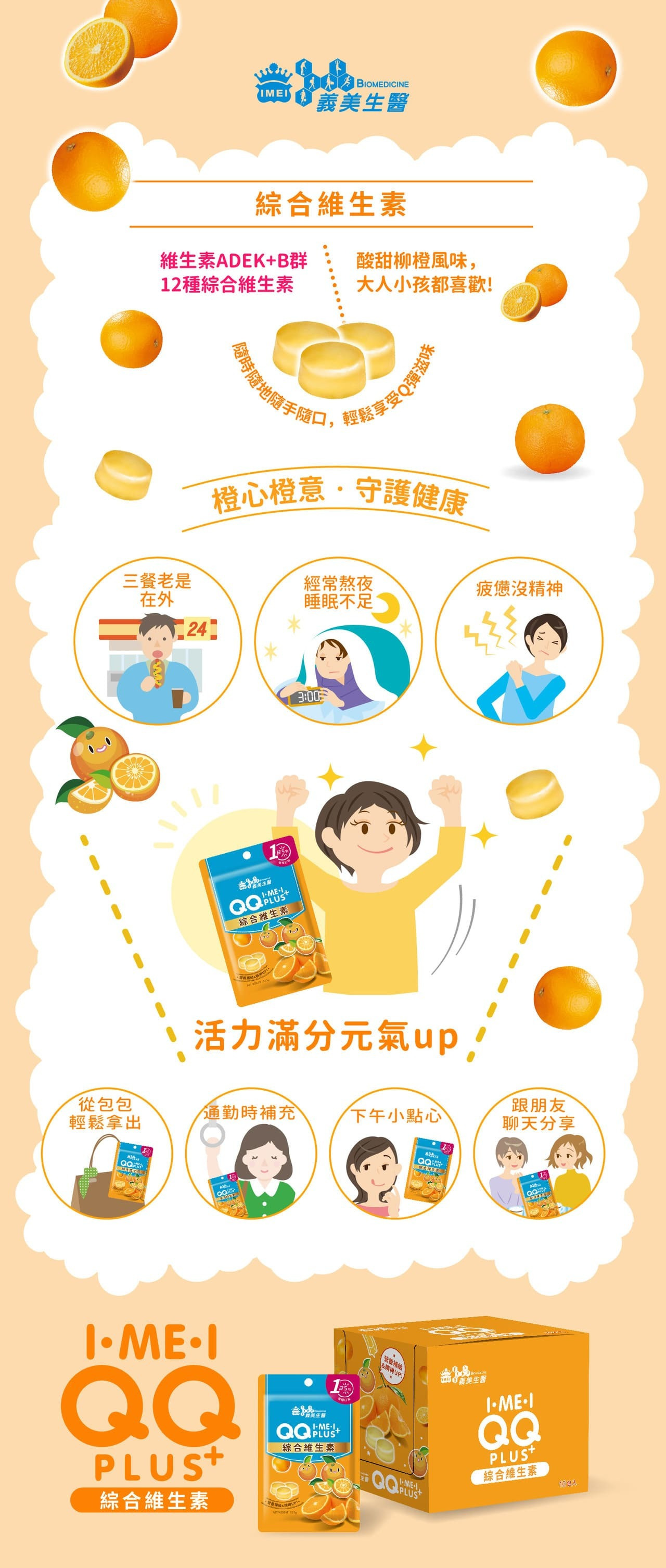 1.	「QQ PLUS+綜合維生素」含有維生素ADEK+B群12種綜合維生素，是酸甜柳橙風味的QQ糖，大人小孩都喜歡。